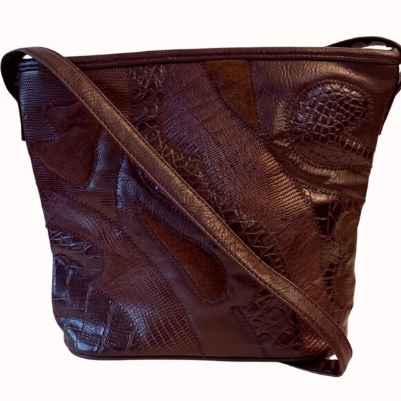 Patchwork Crossbody Bucket Bag Vintage 80s Brown Retro Hobo Purse Exotic Fashion - Picture 14 of 15